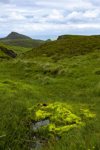 Bog, sky with clouds in quiraing isle of skye scotland