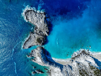 Drone shot of greek beach and turquoise sea