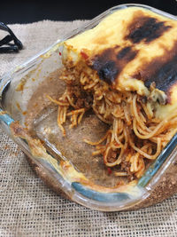 High angle view of meal served on table