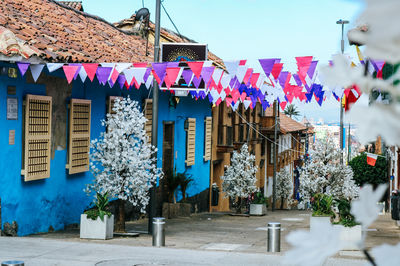 View of flags hanging on roof of building