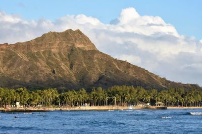 Scenic view of lake and mountains against sky