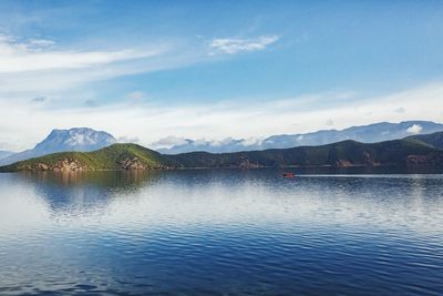 Scenic view of lake and mountains against sky