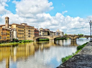 Bridge over river by buildings against sky