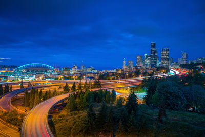 Illuminated buildings in city