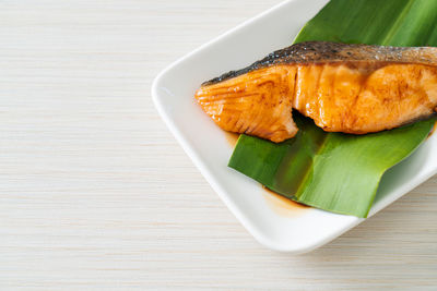 High angle view of food in plate on table