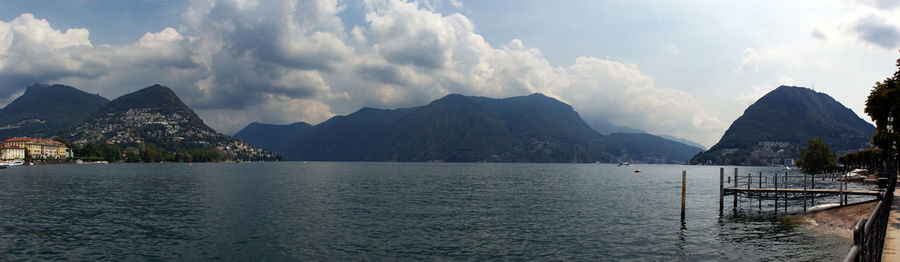 Panoramic view of bay against mountains