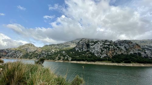 Scenic view of lake and mountains against sky