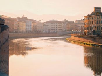 Buildings in city at sunset