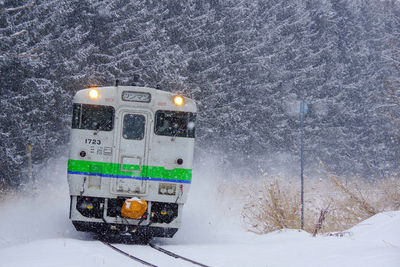 Local train which raises spray of snow