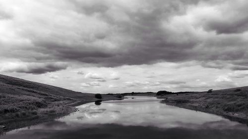 Scenic view of lake against cloudy sky