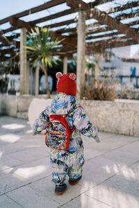 Rear view of woman walking on street