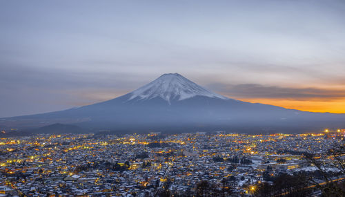 Aerial view of cityscape against mountain