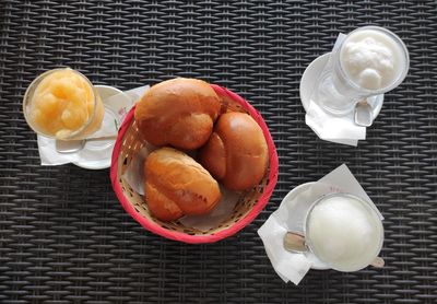High angle view of breakfast on table