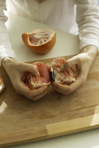 High angle view of preparing food on cutting board