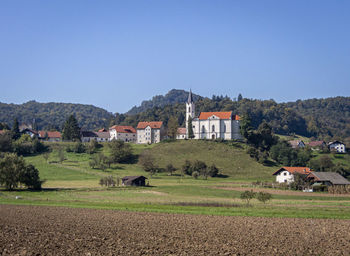 View of a church on a hill in the countryside in slovenia, europe