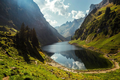 Scenic view of lake and mountains against sky