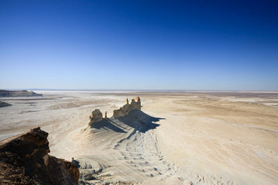 Scenic view of beach against clear blue sky