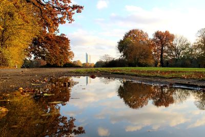 Reflection of trees in lake against sky during autumn