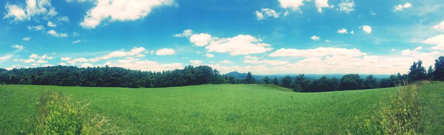 Scenic view of grassy field against cloudy sky