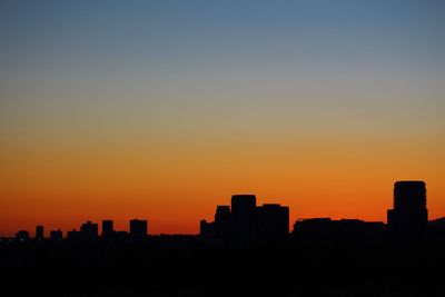 Silhouette of city at sunset