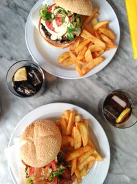 High angle view of food served on table