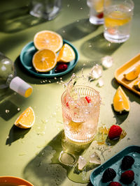 High angle view of infused water in transparant glass