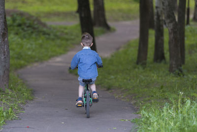 Rear view of boy riding bicycle