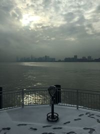 Scenic view of river by cityscape against sky