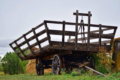 Horse cart on field against clear sky