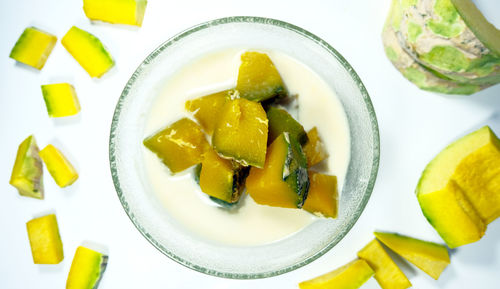 High angle view of dessert served on table