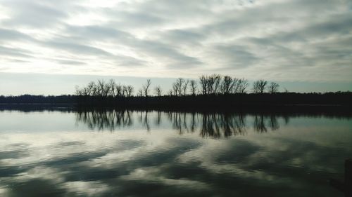 Scenic view of lake against cloudy sky