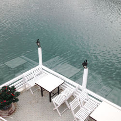 High angle view of restaurant by sea