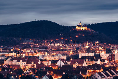 High angle view of townscape against sky at night. wernigerode