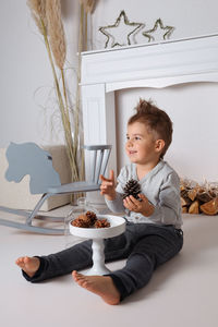 Happy little boy playing with pine cones. laughing child, christmas decoration. celebration