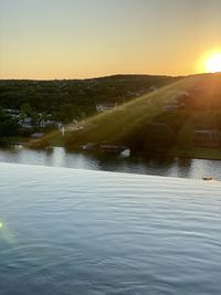 Scenic view of lake against clear sky during sunset