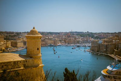 Panoramic view of buildings in city against clear sky