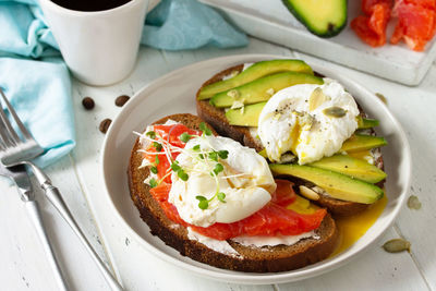 High angle view of breakfast served on table