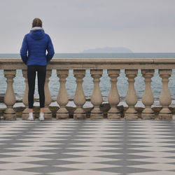 Rear view of woman standing on railing against sea