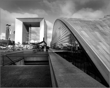 Modern building against cloudy sky