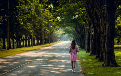 Rear view of woman walking on footpath amidst trees