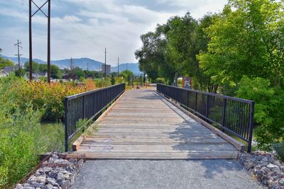 Footbridge amidst plants and trees against sky