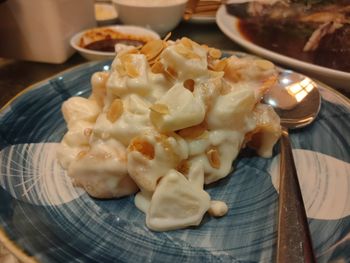 High angle view of dessert in plate on table