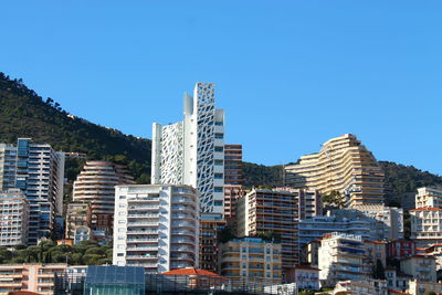 Modern buildings against clear blue sky