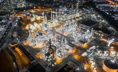 High angle view of illuminated cityscape at night