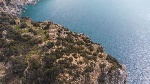 Aerial view of ancient ruins and a beautiful natural bay