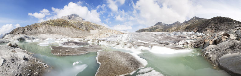 Panoramic view of lake and mountains against sky