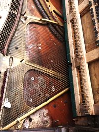 High angle view of abandoned piano