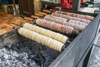 High angle view of meat on barbecue grill