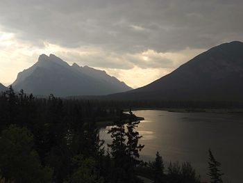 Scenic view of lake and mountains against sky