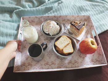 High angle view of breakfast on table